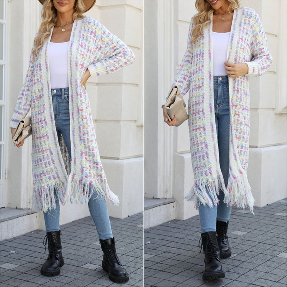 Kaleidoscope Fringe Long Cardigan - Cream - Picture 1 of 9